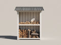 Leñero de jardín de madera 130x55x180 cm - blanco natural y gris - diseño vertical con tejado metálico