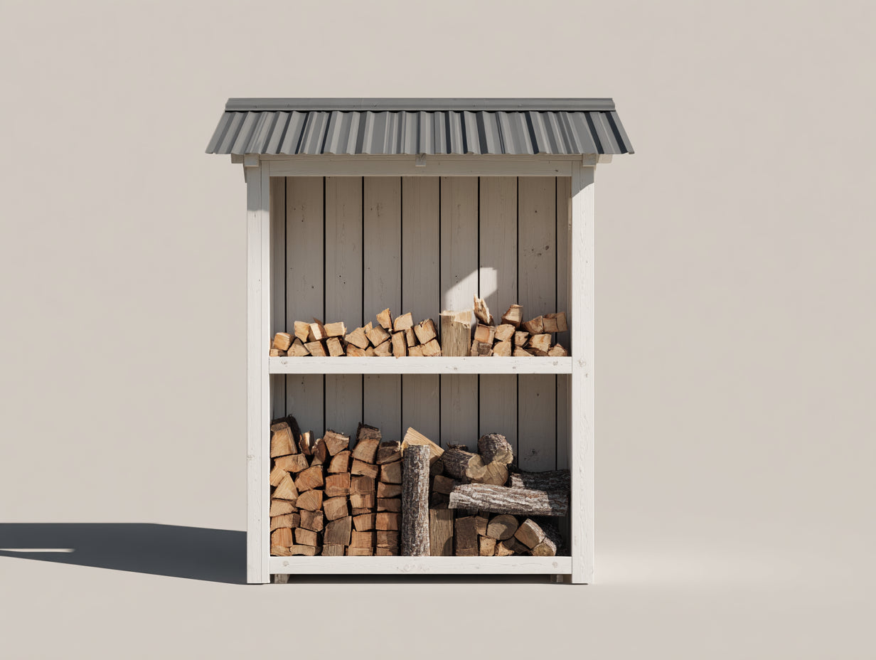 Leñero de jardín de madera 130x55x180 cm - blanco natural y gris - diseño vertical con tejado metálico