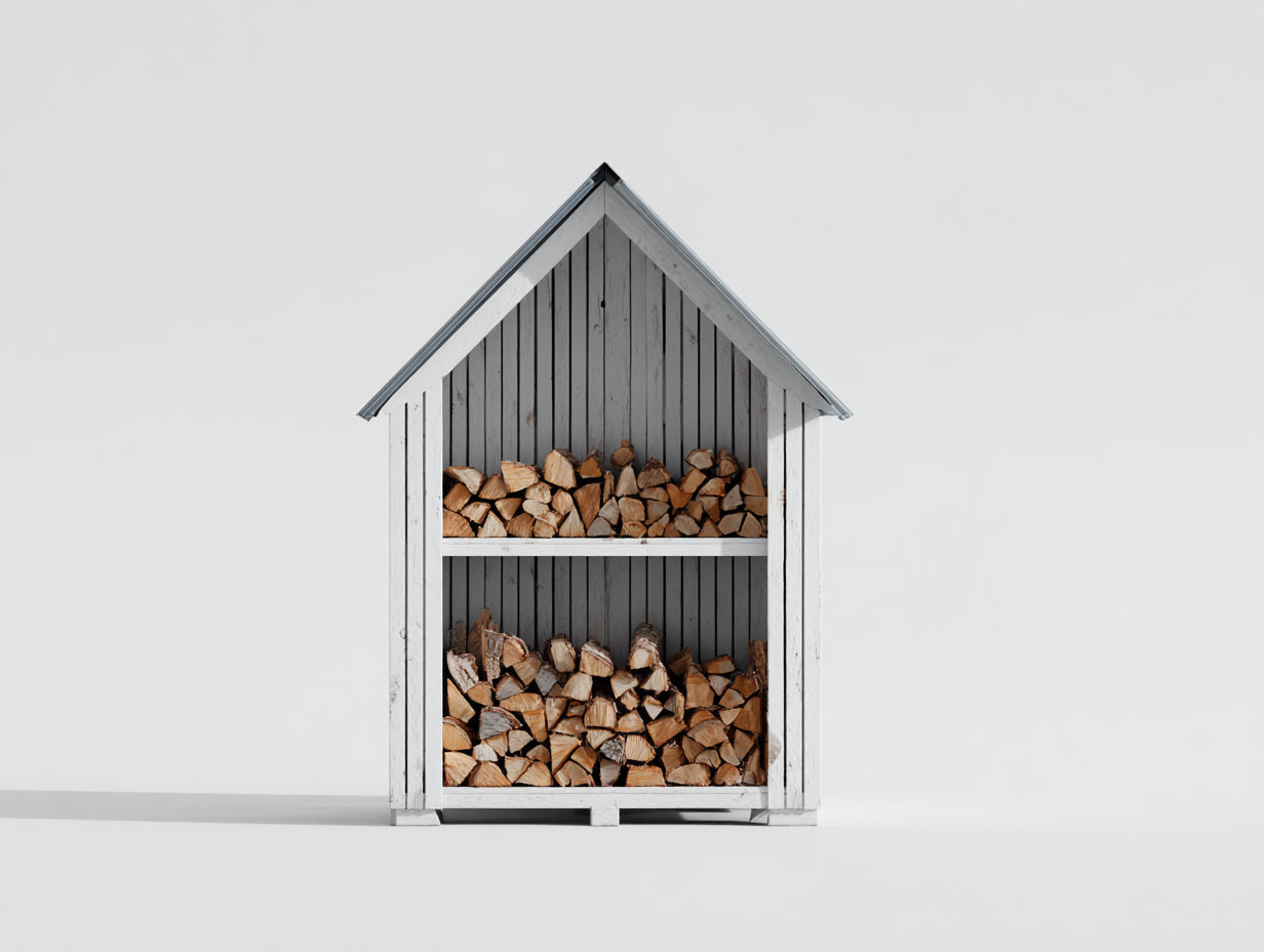 Leñero de jardín de madera con tejado a dos aguas 120x48x180 cm - blanco y gris - diseño exterior rústico