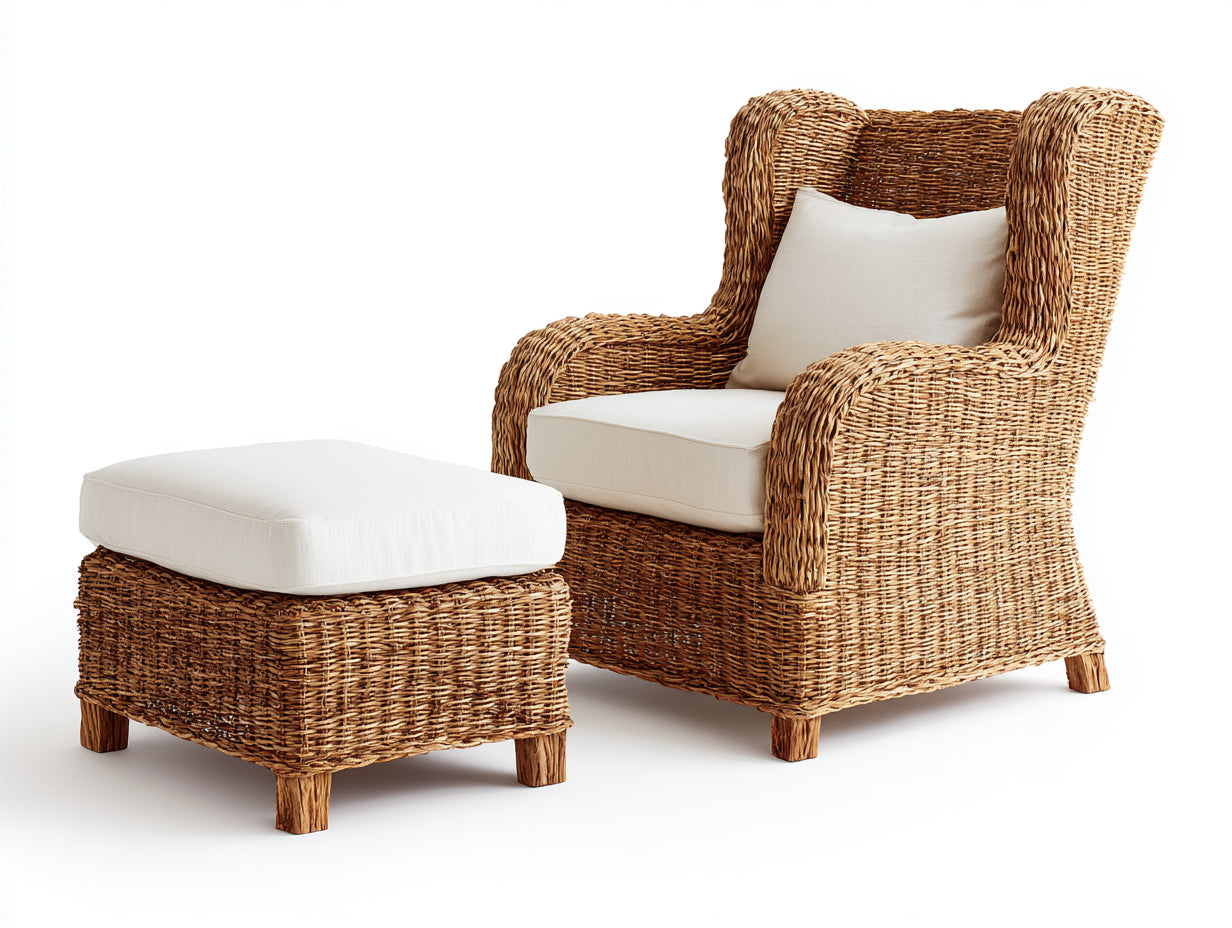Sillones de ratán con reposapiés 85x82x98 cm - marrón claro y blanco crema - estilo natural para interior