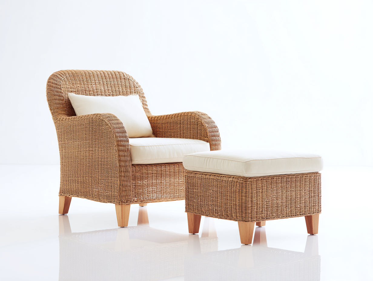 Sillones de ratán 84x86x88 cm - natural claro-blanco crema - diseño clásico con reposapiés