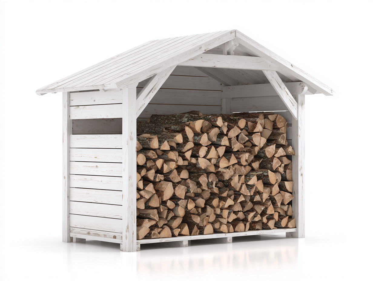 Leñero de jardín de madera con tejado a dos aguas 200x70x180 cm - blanco - diseño exterior rústico