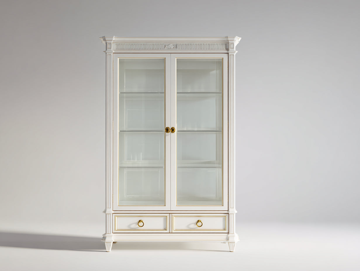 Vitrinas de madera 115x42x200 cm - blanco y dorado - diseño clásico con 2 puertas y 2 cajones