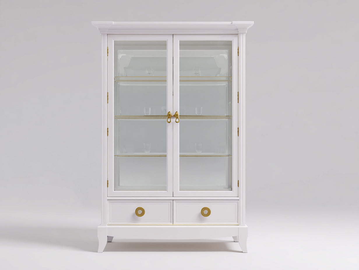 Vitrinas de madera y vidrio 105x42x190 cm - blanco - estilo clásico con 2 cajones