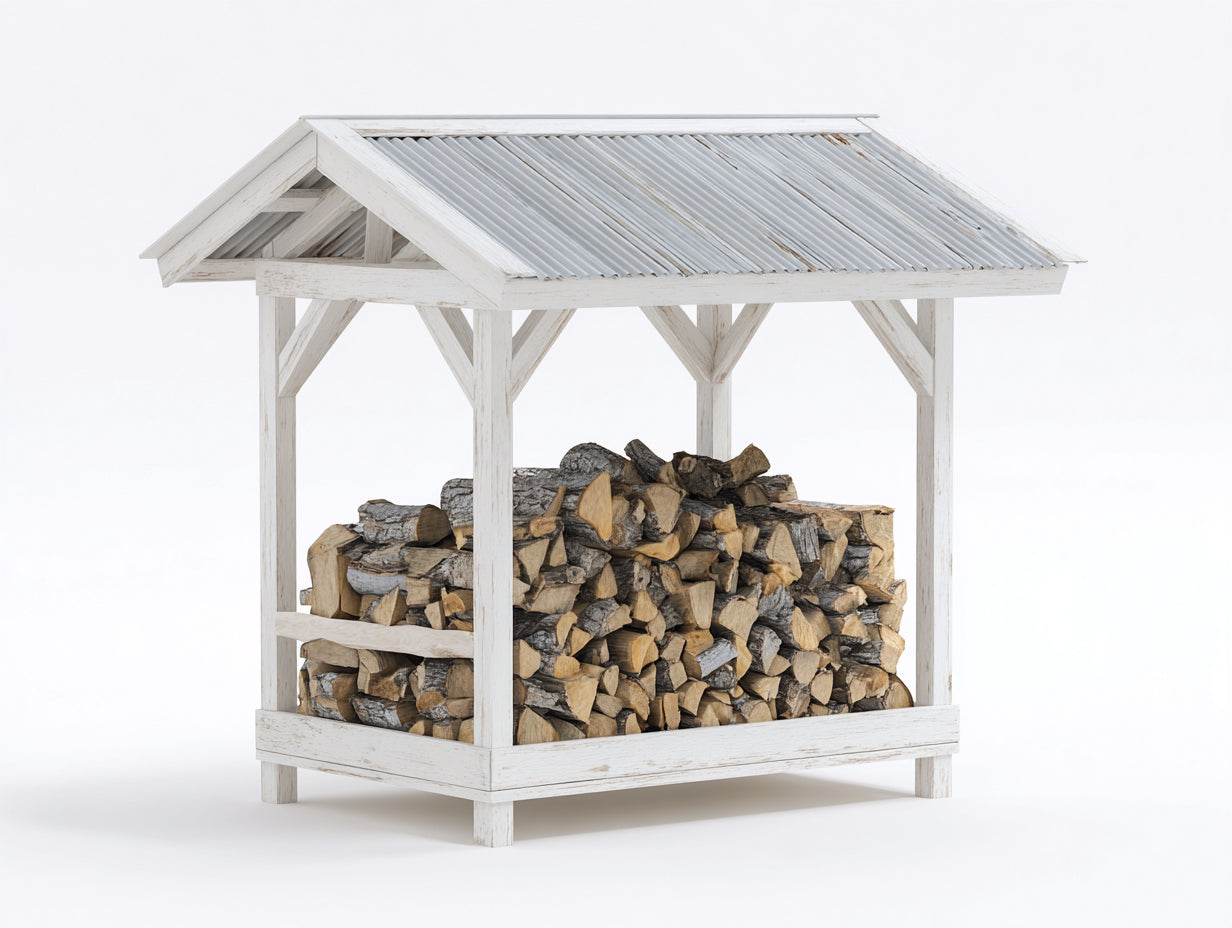 Leñero de jardín de madera y metal 155x70x175 cm - blanco-gris - estilo rústico con techo inclinado