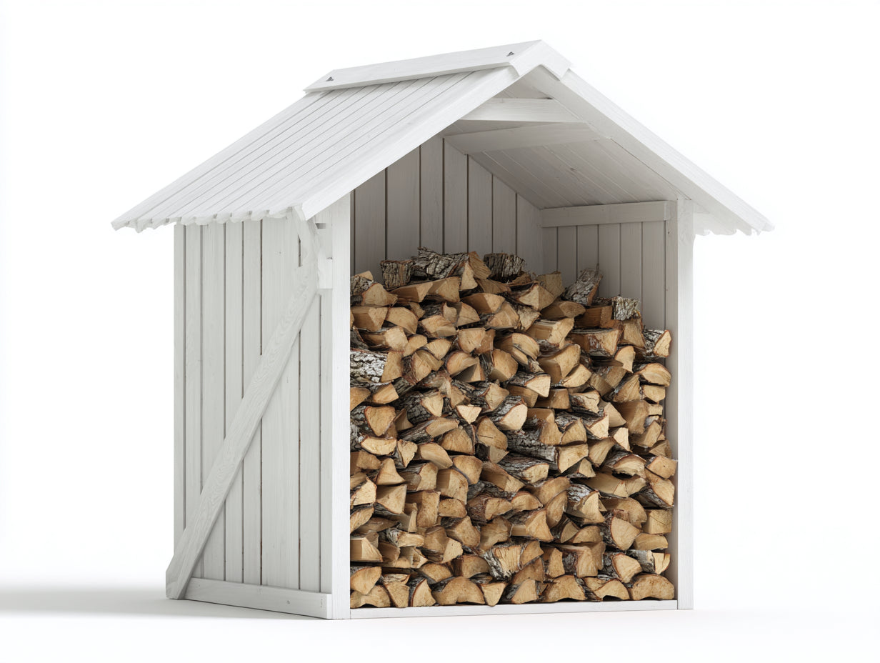 Leñero de jardín de madera 145x70x190 cm - blanco natural - diseño rústico con tejado inclinado