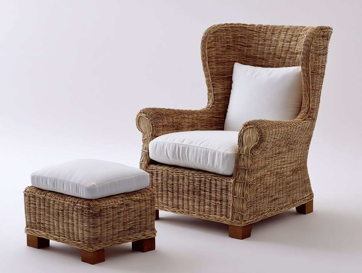 Sillones de ratán con reposapiés 85x88x115 cm - natural-blanco - diseño clásico