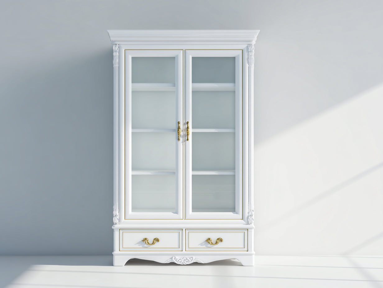 Vitrinas de madera y vidrio 100x42x190 cm - blanco y dorado - estilo clásico con 2 puertas y 2 cajones