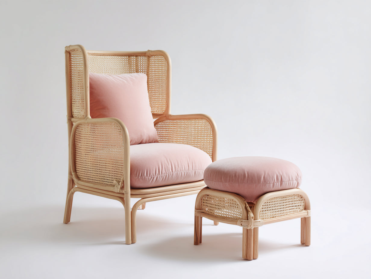 Sillones de ratán con reposapiés 78x82x112 cm - natural-rosa - diseño bohemio