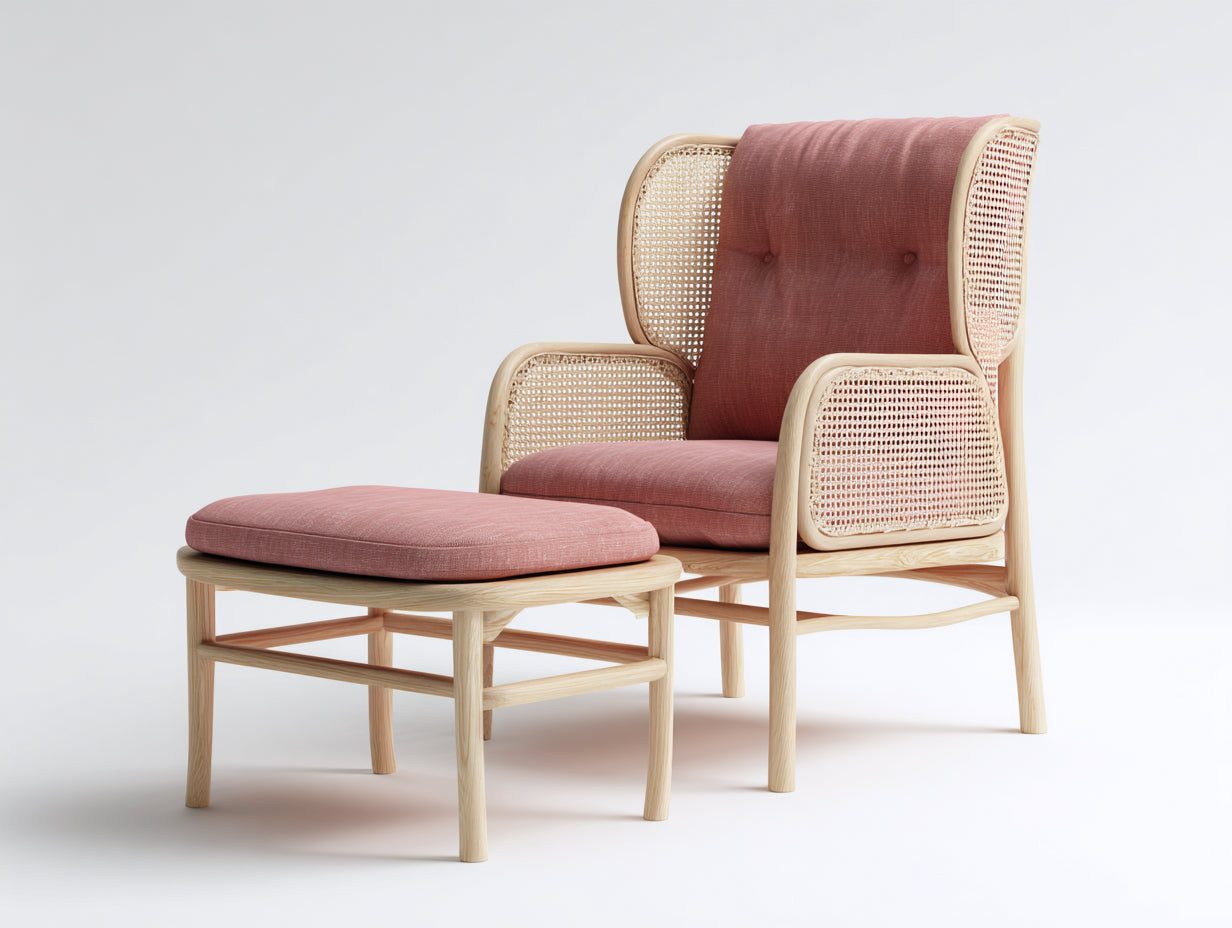 Sillones de ratán con reposapiés 75x80x95 cm - rosa y marrón claro - estilo natural para interior