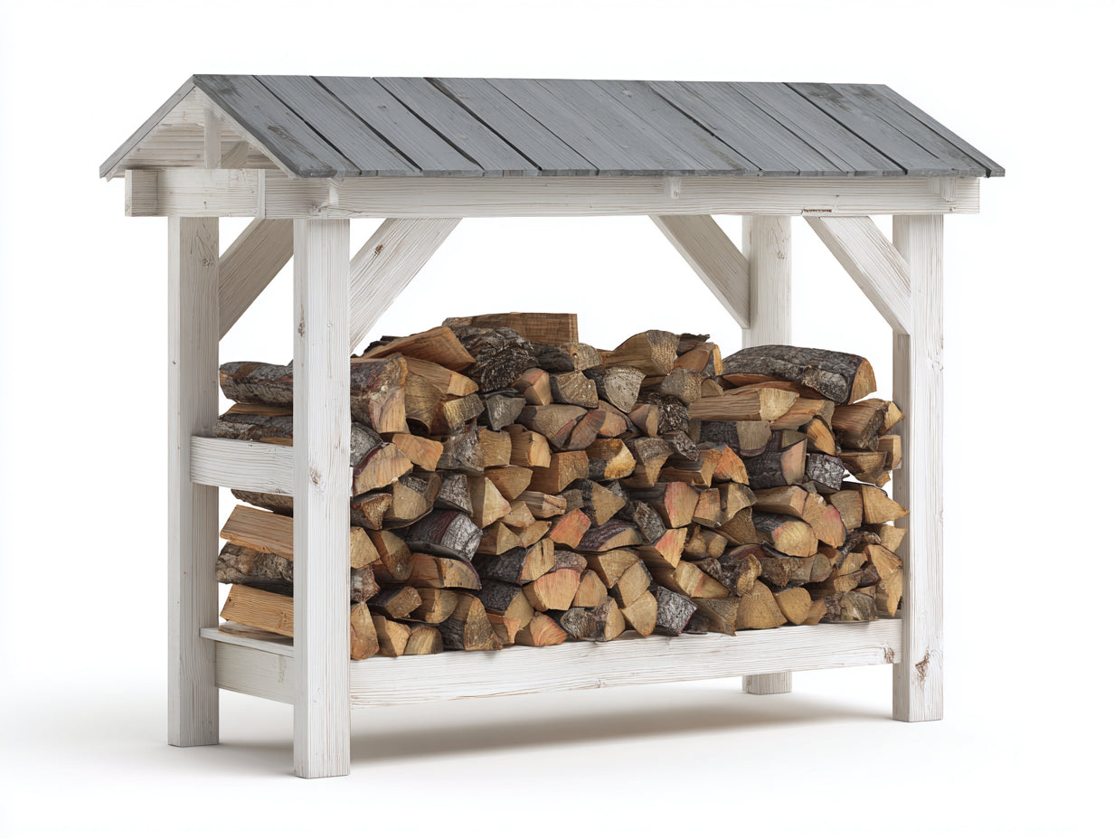 Leñero de jardín de madera con techo inclinado 180x55x155 cm - blanco y gris - diseño exterior funcional