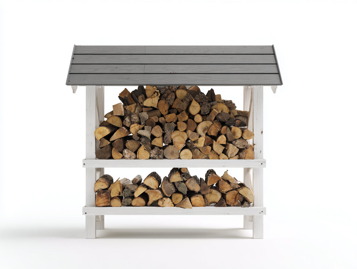 Leñero de jardín de madera 145x58x155 cm - blanco-gris - con techo inclinado